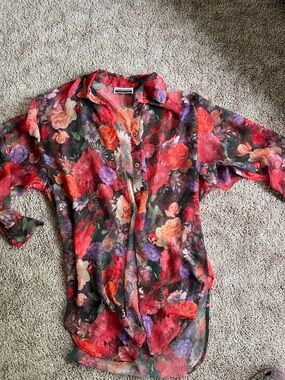 Contempo Casuals Floral Sheer Button-Down Shirt in Red Multi